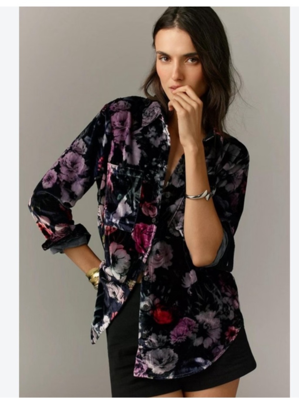 NWT Anthropologie Pilcro Hadley Luxe Velvet Floral Relaxed Buttondown Shirt, S